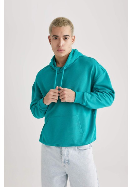 Erkek Yeşil Oversize Fit Geniş Kesim Basic Düz Pamuklu Kapüşonlu Sweatshirt B7849AXNS