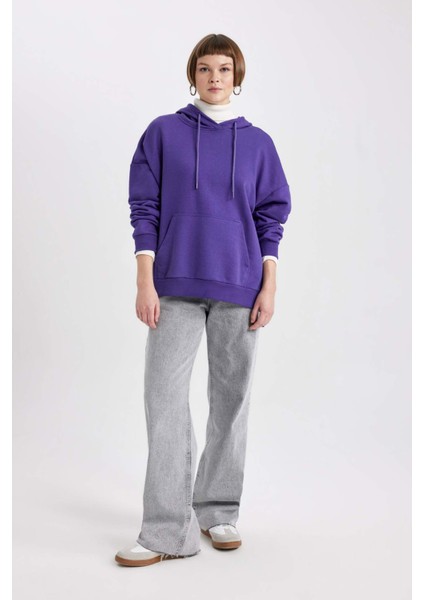 Kadın Mor Oversize Fit Geniş Kesim Polo Yaka Düz Basic Pamuklu Sweatshirt B7834AXNS