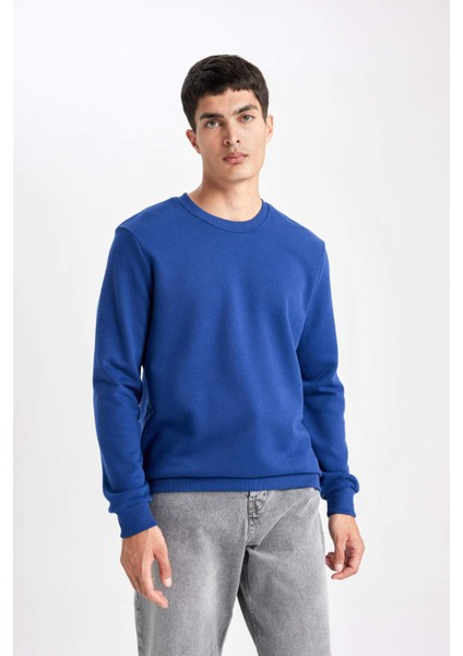 Erkek Mavi Oversize Fit Geniş Kesim Basic Düz Pamuklu Kapüşonlu Sweatshirt B7833AXNS