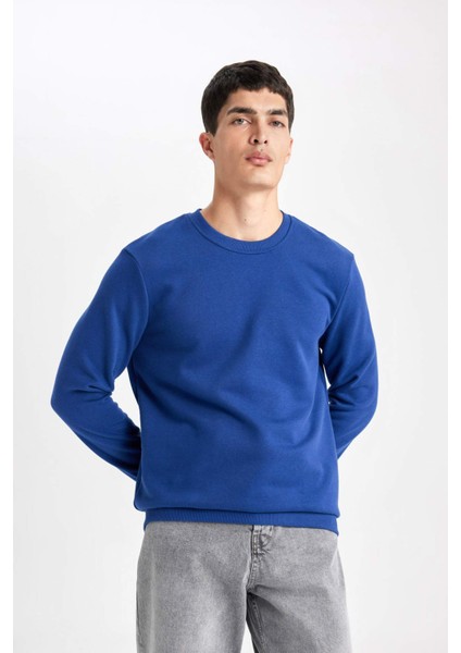 Erkek Mavi Oversize Fit Geniş Kesim Basic Düz Pamuklu Kapüşonlu Sweatshirt B7833AXNS