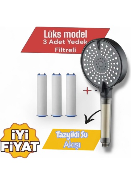 3 Adet Yedek Filtreli Su Tasarruflu Kireç Önleyici Özellikli Tayzikli Model Duş Başlığı