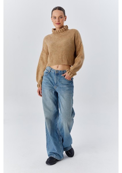 6883 Kadın Fırfır Detay Crop Triko Kazak Camel fırsatları