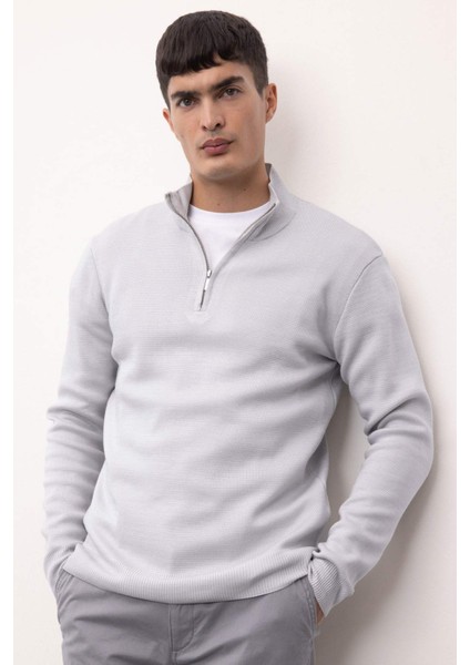 Gri Standart Fit Normal Kesim Dik Yaka Fermuarlı Basic Düz Triko Kazak A5184AX24AU