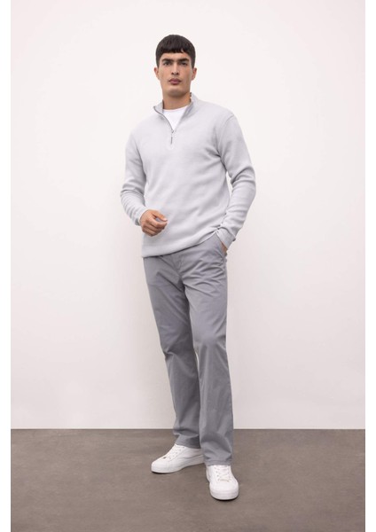 Gri Standart Fit Normal Kesim Dik Yaka Fermuarlı Basic Düz Triko Kazak A5184AX24AU