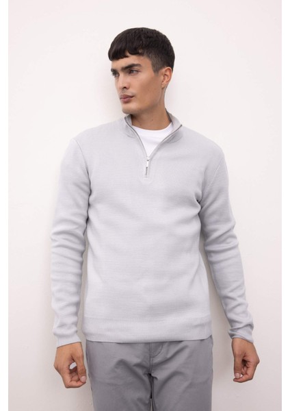 Gri Standart Fit Normal Kesim Dik Yaka Fermuarlı Basic Düz Triko Kazak A5184AX24AU