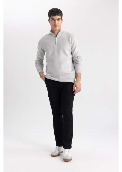 Gri Standart Fit Normal Kesim Dik Yaka Fermuarlı Basic Düz Triko Kazak A5184AX24AU