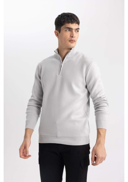 Gri Standart Fit Normal Kesim Dik Yaka Fermuarlı Basic Düz Triko Kazak A5184AX24AU