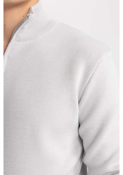 Gri Standart Fit Normal Kesim Dik Yaka Fermuarlı Basic Düz Triko Kazak A5184AX24AU