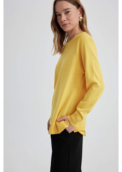 Kadın Sarı Relax Fit Rahat Kesim Bisiklet Yaka Düz Basic Akrilik Triko Kazak B7866AXNS