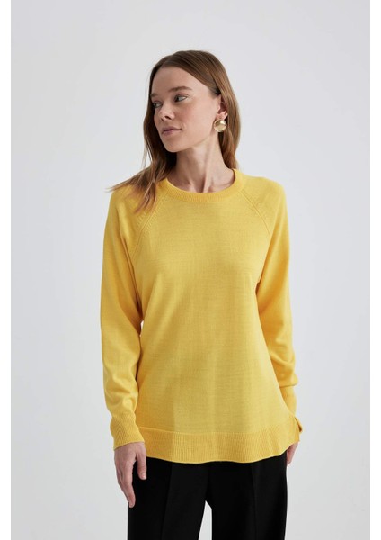 Kadın Sarı Relax Fit Rahat Kesim Bisiklet Yaka Düz Basic Akrilik Triko Kazak B7866AXNS