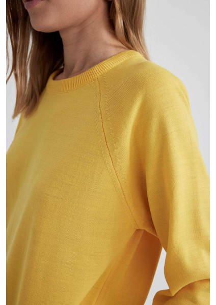 Kadın Sarı Relax Fit Rahat Kesim Bisiklet Yaka Düz Basic Akrilik Triko Kazak B7866AXNS