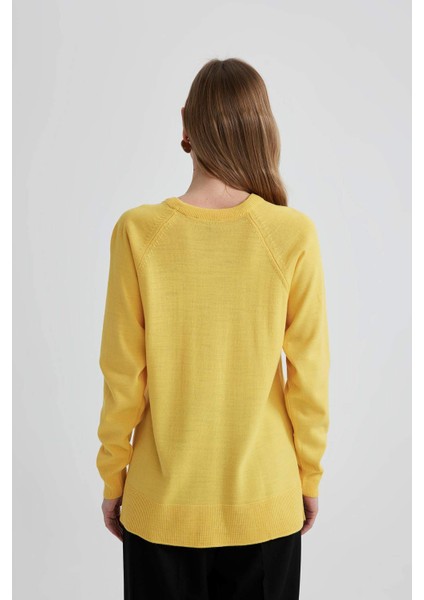 Kadın Sarı Relax Fit Rahat Kesim Bisiklet Yaka Düz Basic Akrilik Triko Kazak B7866AXNS