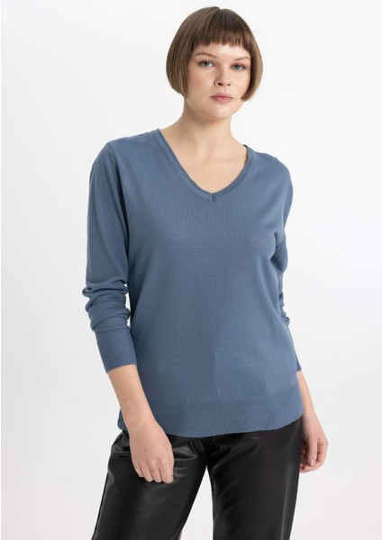 Kadın Mor Regular Fit Düz Kesim V Yaka Düz Basic Akrilik Triko Kazak B7865AXNS