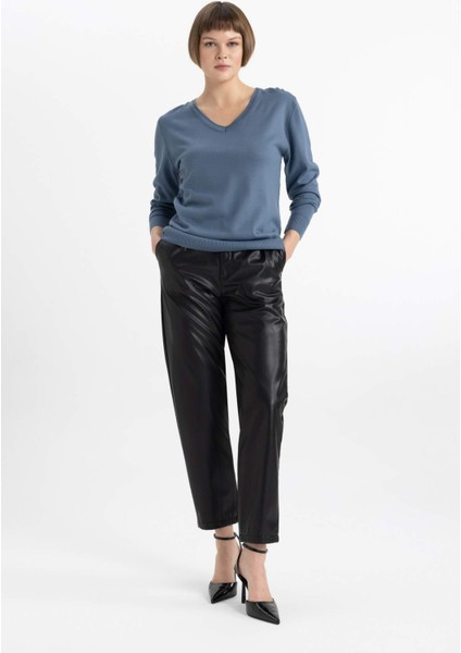 Kadın Mor Regular Fit Düz Kesim V Yaka Düz Basic Akrilik Triko Kazak B7865AXNS