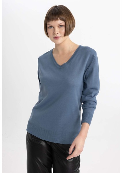 Kadın Mor Regular Fit Düz Kesim V Yaka Düz Basic Akrilik Triko Kazak B7865AXNS