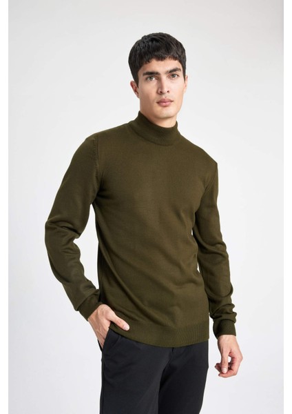 Erkek Yeşil Slim Fit Dar Kesim Basic Düz Akrilik Kazak B7851AXNS