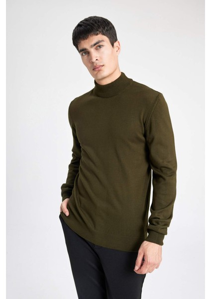 Erkek Yeşil Slim Fit Dar Kesim Basic Düz Akrilik Kazak B7851AXNS