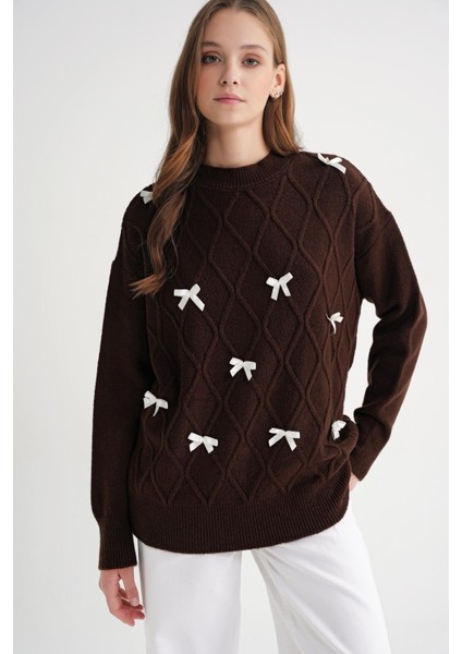 6946 Kadın Oversize Bisiklet Yaka Kurdeleli Triko Kazak Kahve