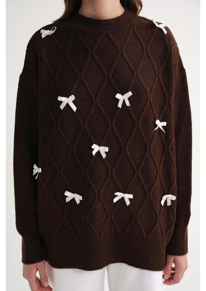 6946 Kadın Oversize Bisiklet Yaka Kurdeleli Triko Kazak Kahve indirimleri