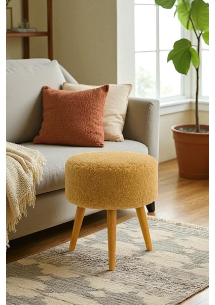 Elvıora Teddy Peluş Kumaşlı Yuvarlak Puf Bench – Retro Ahşap Ayaklı, Dekoratif ve Konforlu Tabure