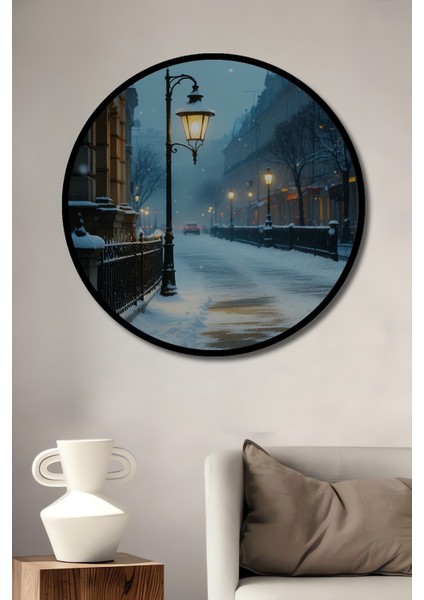 Çerçeve Görünümlü Karlı Paris Sokağı Yağlı Boya Görünümlü Dekoratif Ahşap Ofis Yuvarlak Tablo