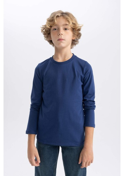 Erkek Çocuk Koyu Mavi Standart Fit Normal Kesim Bisiklet Yaka Basic Düz %100 Pamuk Uzun Kollu Tshirt B7771A8NS