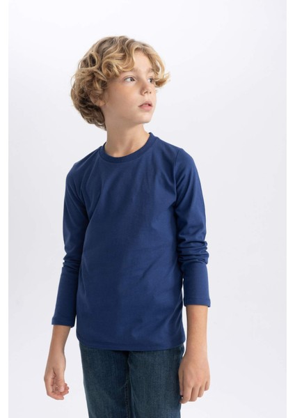 Erkek Çocuk Koyu Mavi Standart Fit Normal Kesim Bisiklet Yaka Basic Düz %100 Pamuk Uzun Kollu Tshirt B7771A8NS