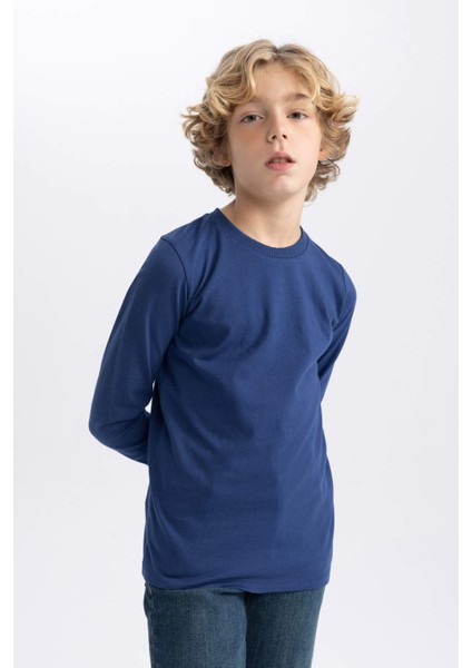 Erkek Çocuk Koyu Mavi Standart Fit Normal Kesim Bisiklet Yaka Basic Düz %100 Pamuk Uzun Kollu Tshirt B7771A8NS