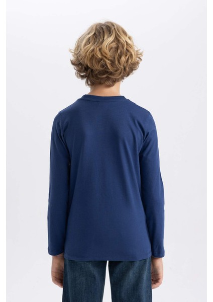 Erkek Çocuk Koyu Mavi Standart Fit Normal Kesim Bisiklet Yaka Basic Düz %100 Pamuk Uzun Kollu Tshirt B7771A8NS