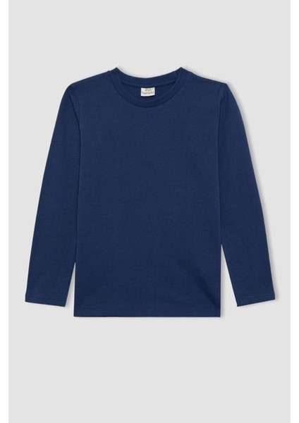 Erkek Çocuk Koyu Mavi Standart Fit Normal Kesim Bisiklet Yaka Basic Düz %100 Pamuk Uzun Kollu Tshirt B7771A8NS