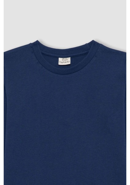Erkek Çocuk Koyu Mavi Standart Fit Normal Kesim Bisiklet Yaka Basic Düz %100 Pamuk Uzun Kollu Tshirt B7771A8NS
