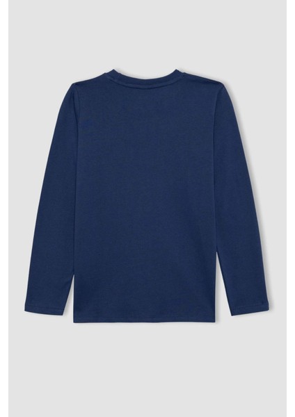 Erkek Çocuk Koyu Mavi Standart Fit Normal Kesim Bisiklet Yaka Basic Düz %100 Pamuk Uzun Kollu Tshirt B7771A8NS