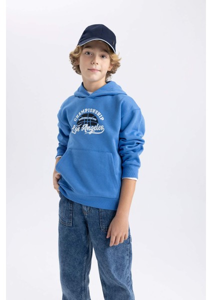 Erkek Çocuk Mavi Regular Fit Düz Kesim Basic Düz Kapüşonlu Sweatshirt B7821A8NS