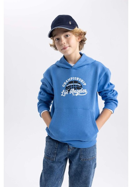 Erkek Çocuk Mavi Regular Fit Düz Kesim Basic Düz Kapüşonlu Sweatshirt B7821A8NS