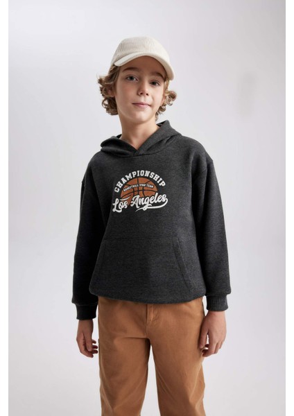 Erkek Çocuk Antrasit Regular Fit Düz Kesim Basic Düz Kapüşonlu Sweatshirt B7821A8NS