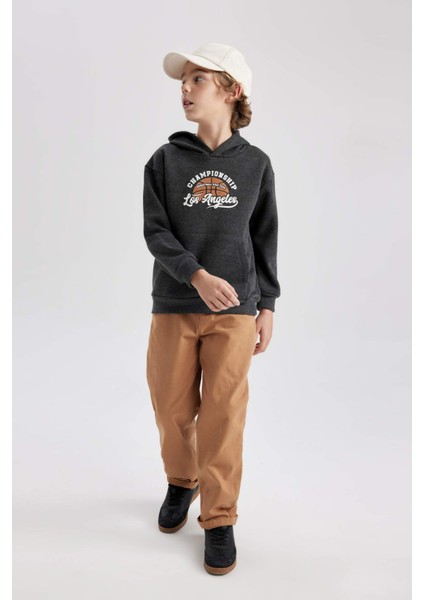 Erkek Çocuk Antrasit Regular Fit Düz Kesim Basic Düz Kapüşonlu Sweatshirt B7821A8NS