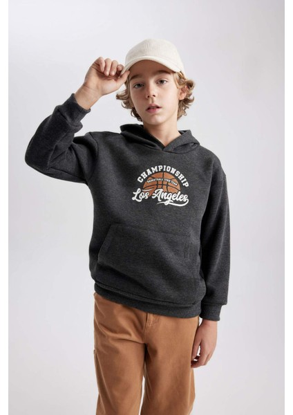 Erkek Çocuk Antrasit Regular Fit Düz Kesim Basic Düz Kapüşonlu Sweatshirt B7821A8NS