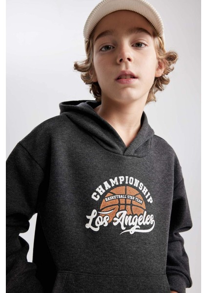 Erkek Çocuk Antrasit Regular Fit Düz Kesim Basic Düz Kapüşonlu Sweatshirt B7821A8NS