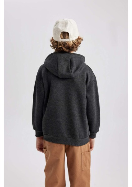 Erkek Çocuk Antrasit Regular Fit Düz Kesim Basic Düz Kapüşonlu Sweatshirt B7821A8NS