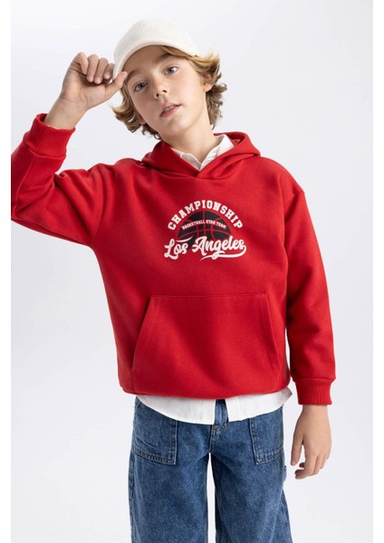 Erkek Çocuk Bordo Regular Fit Düz Kesim Basic Düz Kapüşonlu Sweatshirt B7821A8NS