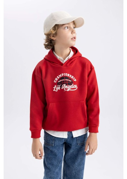 Erkek Çocuk Bordo Regular Fit Düz Kesim Basic Düz Kapüşonlu Sweatshirt B7821A8NS