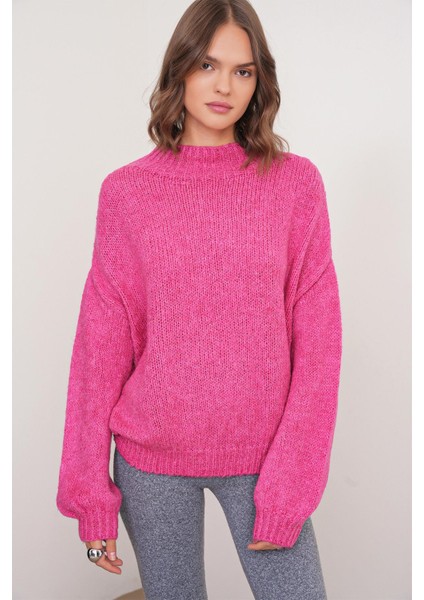 6700 Kadın Dik Yaka Balon Triko Kazak Fuşya