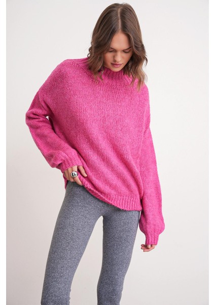 6700 Kadın Dik Yaka Balon Triko Kazak Fuşya modelleri