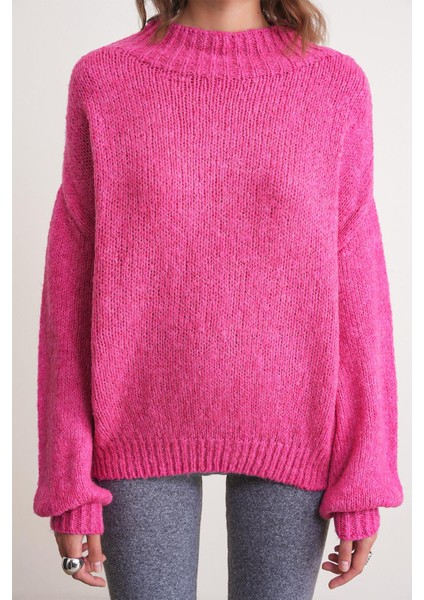 6700 Kadın Dik Yaka Balon Triko Kazak Fuşya fırsatları