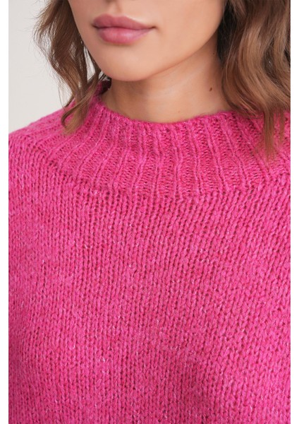 6700 Kadın Dik Yaka Balon Triko Kazak Fuşya indirimleri