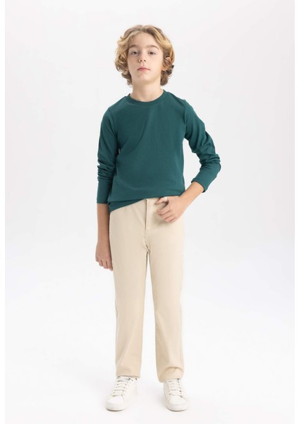 Erkek Çocuk Yeşil Standart Fit Normal Kesim Bisiklet Yaka Basic Düz %100 Pamuk Uzun Kollu Tshirt B7771A8NS
