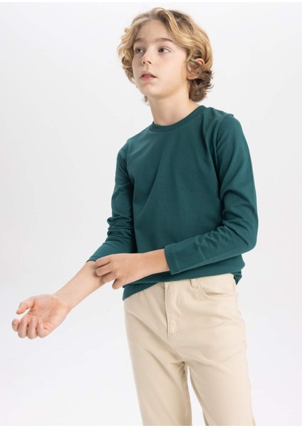 Erkek Çocuk Yeşil Standart Fit Normal Kesim Bisiklet Yaka Basic Düz %100 Pamuk Uzun Kollu Tshirt B7771A8NS