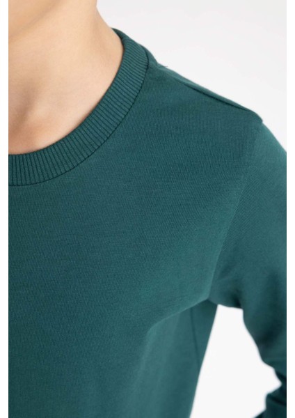 Erkek Çocuk Yeşil Standart Fit Normal Kesim Bisiklet Yaka Basic Düz %100 Pamuk Uzun Kollu Tshirt B7771A8NS