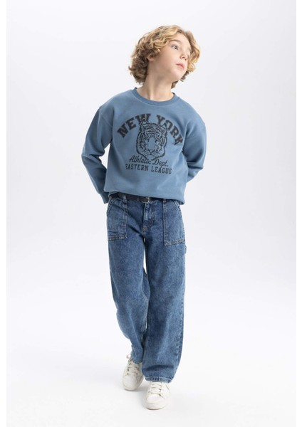 Erkek Çocuk Mavi Regular Fit Düz Kesim Basic Düz Kapüşonlu Sweatshirt B7822A8NS