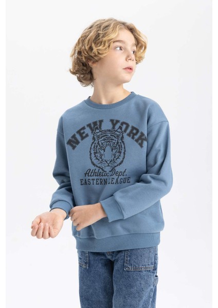 Erkek Çocuk Mavi Regular Fit Düz Kesim Basic Düz Kapüşonlu Sweatshirt B7822A8NS